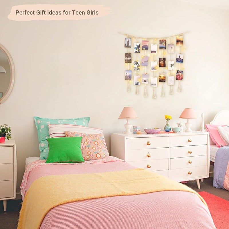 Dahey Macrame Wall Hanging Photo Display Dorm Wall Decor Boho Collage Picture Frame with Wooden Beads Garland Photo String With Clips for Teen Girl College Bedroom Living Room Classroom Christmas Gift - Image 4